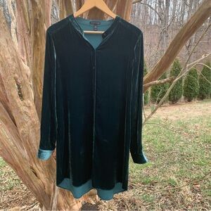 Eileen Fisher Silk Blend Long Sleeve Velvet Button Down Tunic in Dark Green